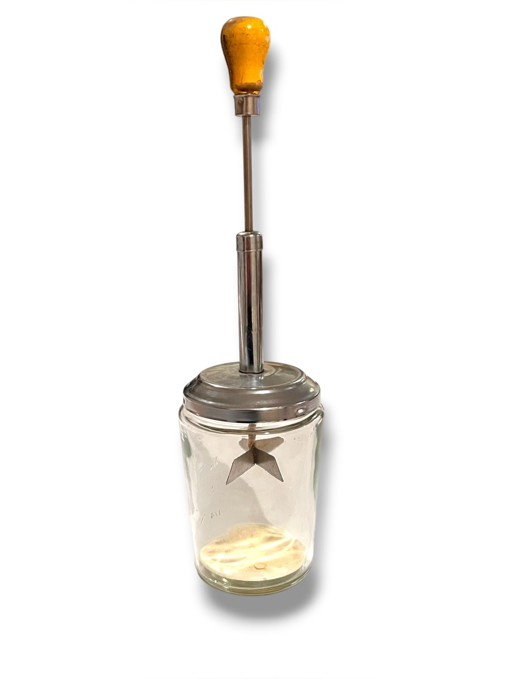 Vintage 12 Ounce Glass ACME 11-B-339 Manual Nut Food Chopper w/yellow Handle